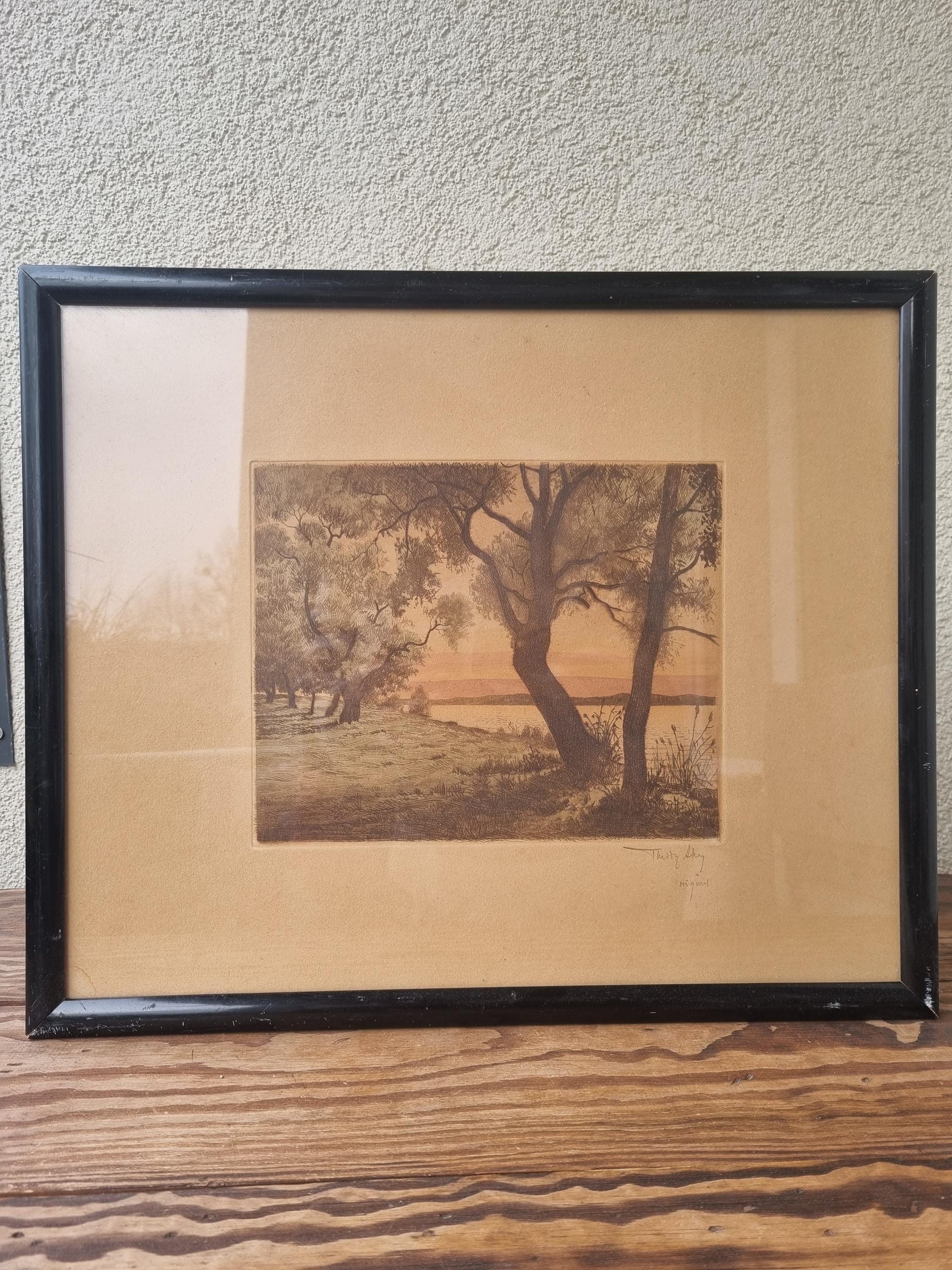 オリジナルのアンティークセリグラフ、夜景、署名入り、1920年代