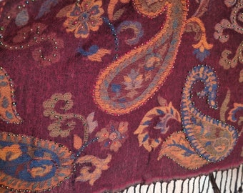 Porte-cravate vintage, écharpe à pampilles en laine, couleur bordeaux, motif cachemire