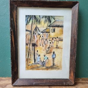 Original African Watercolour Painting Ghana Accra,  Village Scene, signed, dated