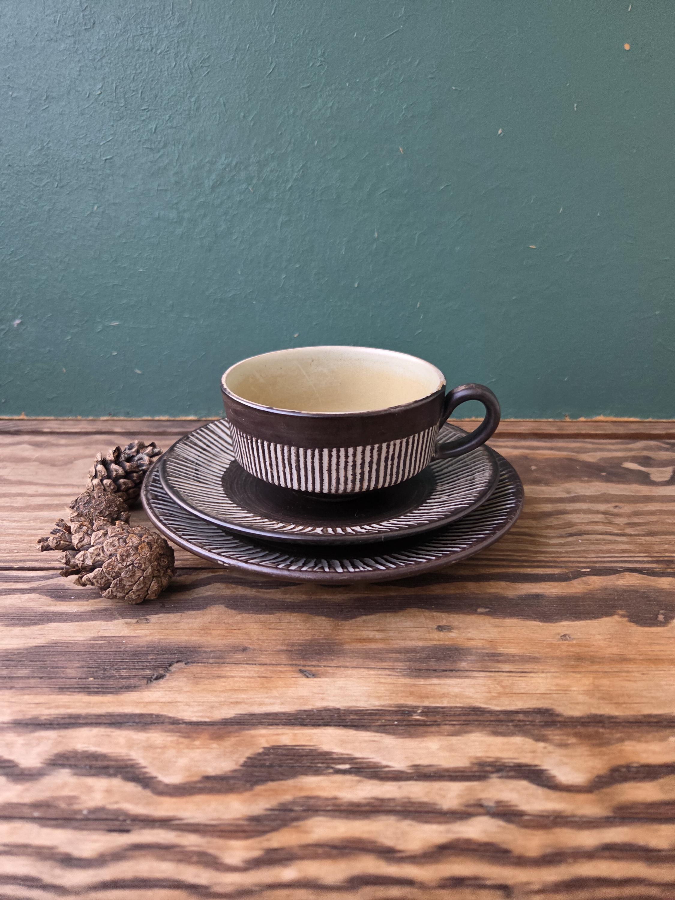 Vintage Danish BR Keramik Tea Trio | Einer Hellerøe Amazonas Ceramic Cup and Saucers Set