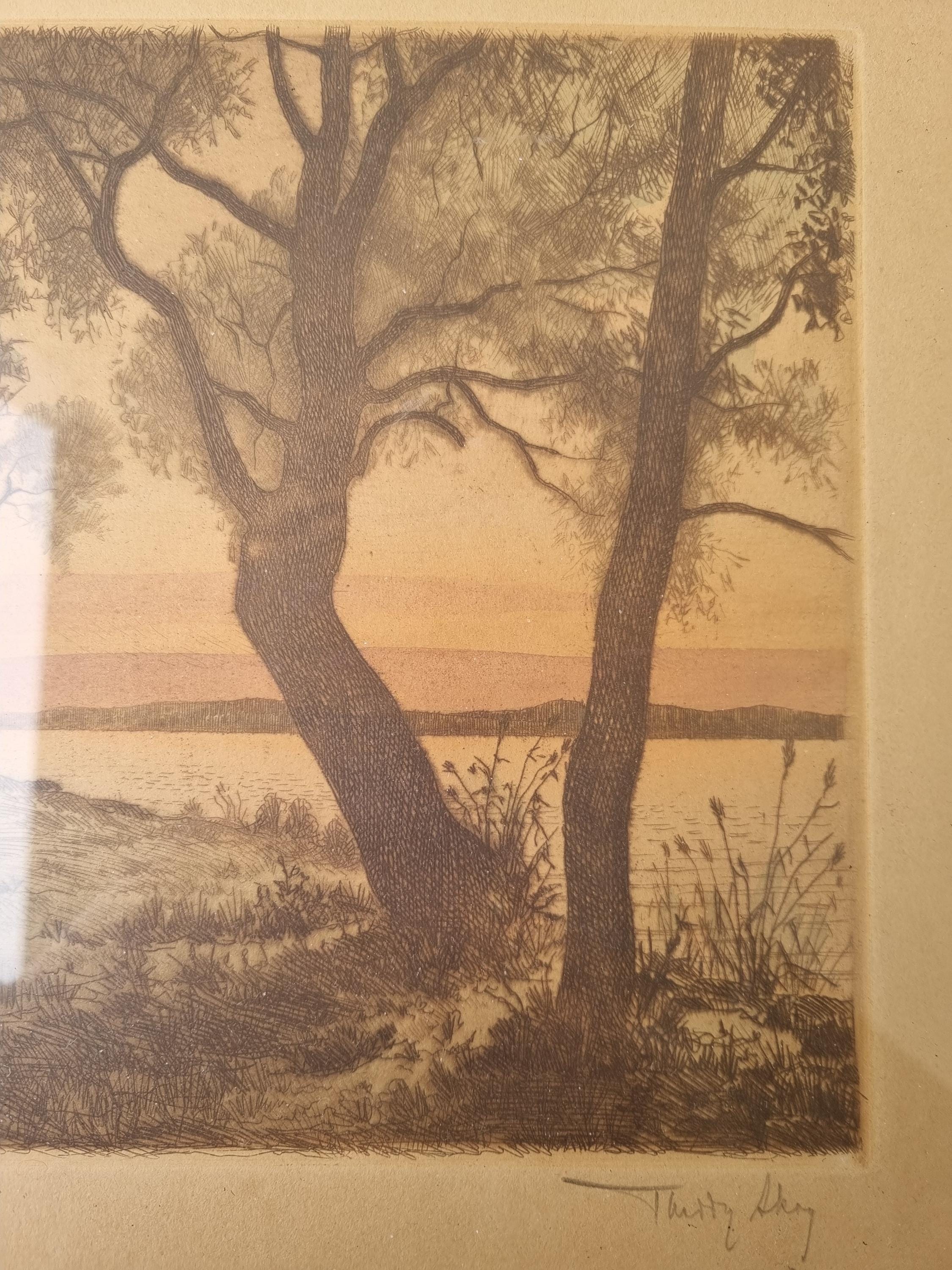 風景画 アンティーク オリジナルのアンティークセリグラフ、夜景、署名入り、1920年代