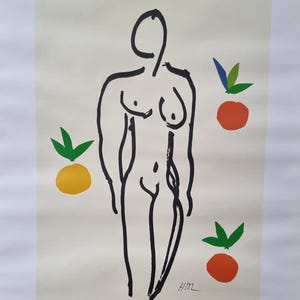May include: A black line drawing of a nude figure with three stylized oranges and green leaves. The oranges are red, yellow, and orange. The artist's signature "HM" is in the bottom right corner.