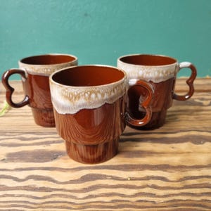 Vintage Japan Coffee Cups 3 Mugs Set Stacking Brown Drip Glaze