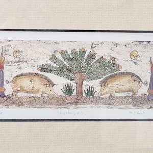 Truffling Pigs- Miniature Limited Edition Lithograph by M.J. Epps, 12/15
