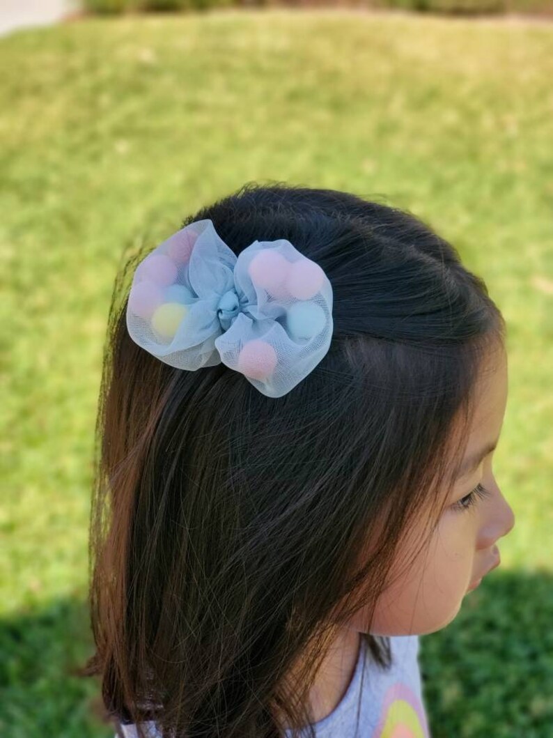 Colorful Pom Pom Hair Bow Clip cotton candy ball pom pom Handmade hair accessory