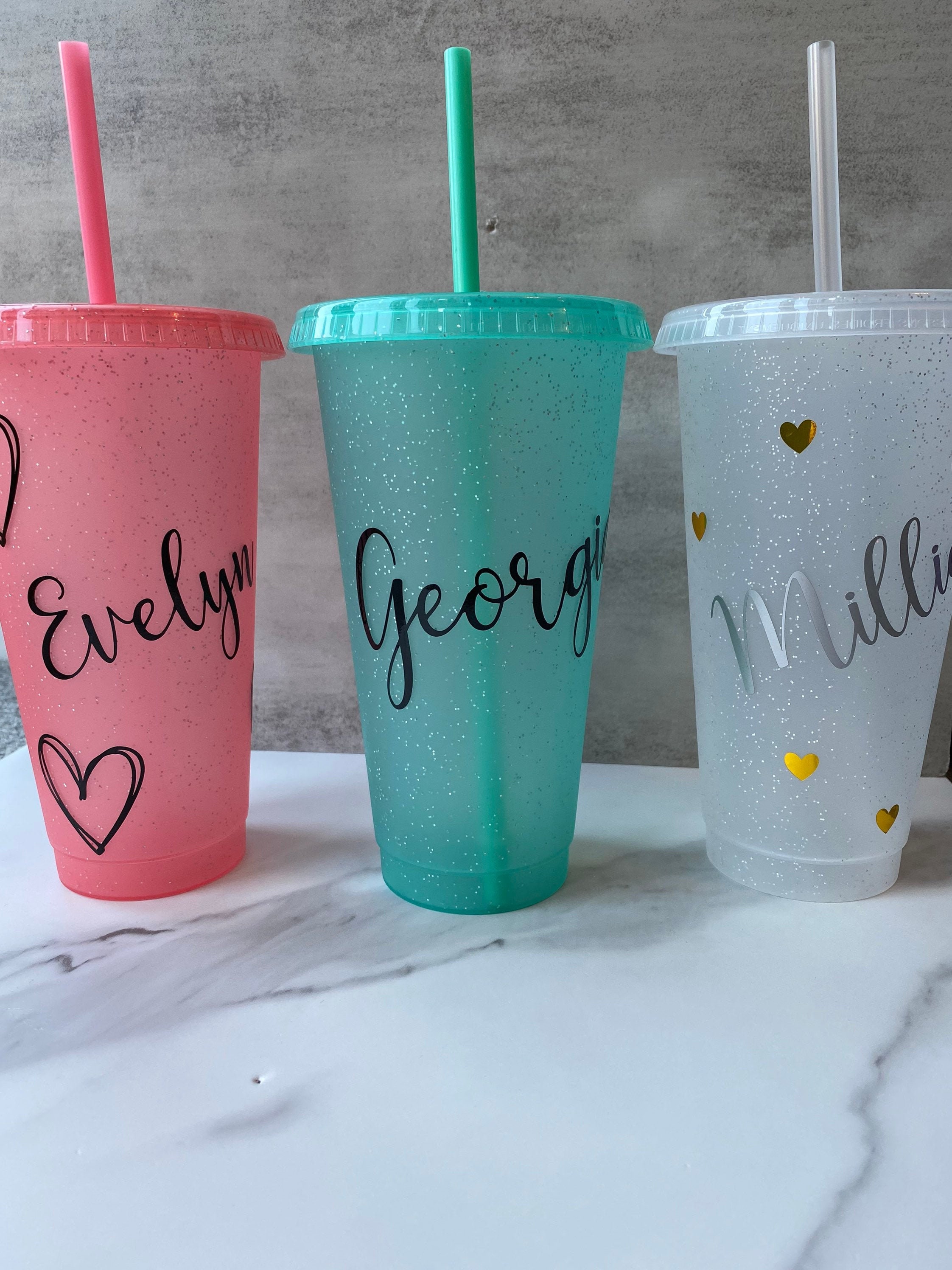 PINK Personalised Reusable Glitter Cup with Straw 700ml for Etsy