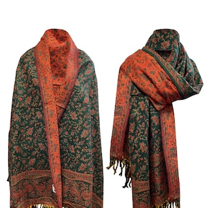 LUXURY HANDMADE Green Orange floral Scarf Yak Wool comfortable scarf Shawl Blanket stole unisex Wrap Meditation Soft Shawl special Gift