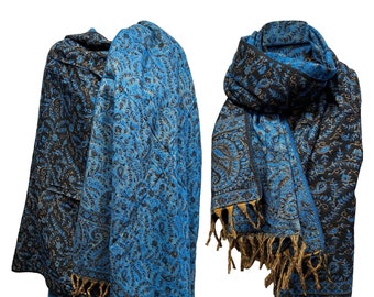 LUXURY HANDMADE Blue Black floral Scarf Yak Wool  scarf Shawl Blanket stole unisex comfortable Wrap Meditation Soft Shawl special Gift