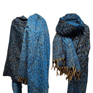 LUXURY HANDMADE Blue Black floral Scarf Yak Wool  scarf Shawl Blanket stole unisex comfortable Wrap Meditation Soft Shawl special Gift