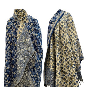 LUXURY DARK BLUE oversize Scarf Yak Wool floral yoga blanket stole unisex study Wrap Meditation Soft soft warm Shawl special Gift for all