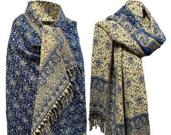 LUXUS HANDMADE Blau Beige Creme floral Schal Yak Wolle Schal Schal Decke Stola unisex bequem Wrap Meditation Weicher Schal besonderes Geschenk