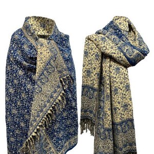 LUXURY HANDMADE Blue Beige Cream floral Scarf Yak Wool  scarf Shawl Blanket stole unisex comfortable Wrap Meditation Soft Shawl special Gift