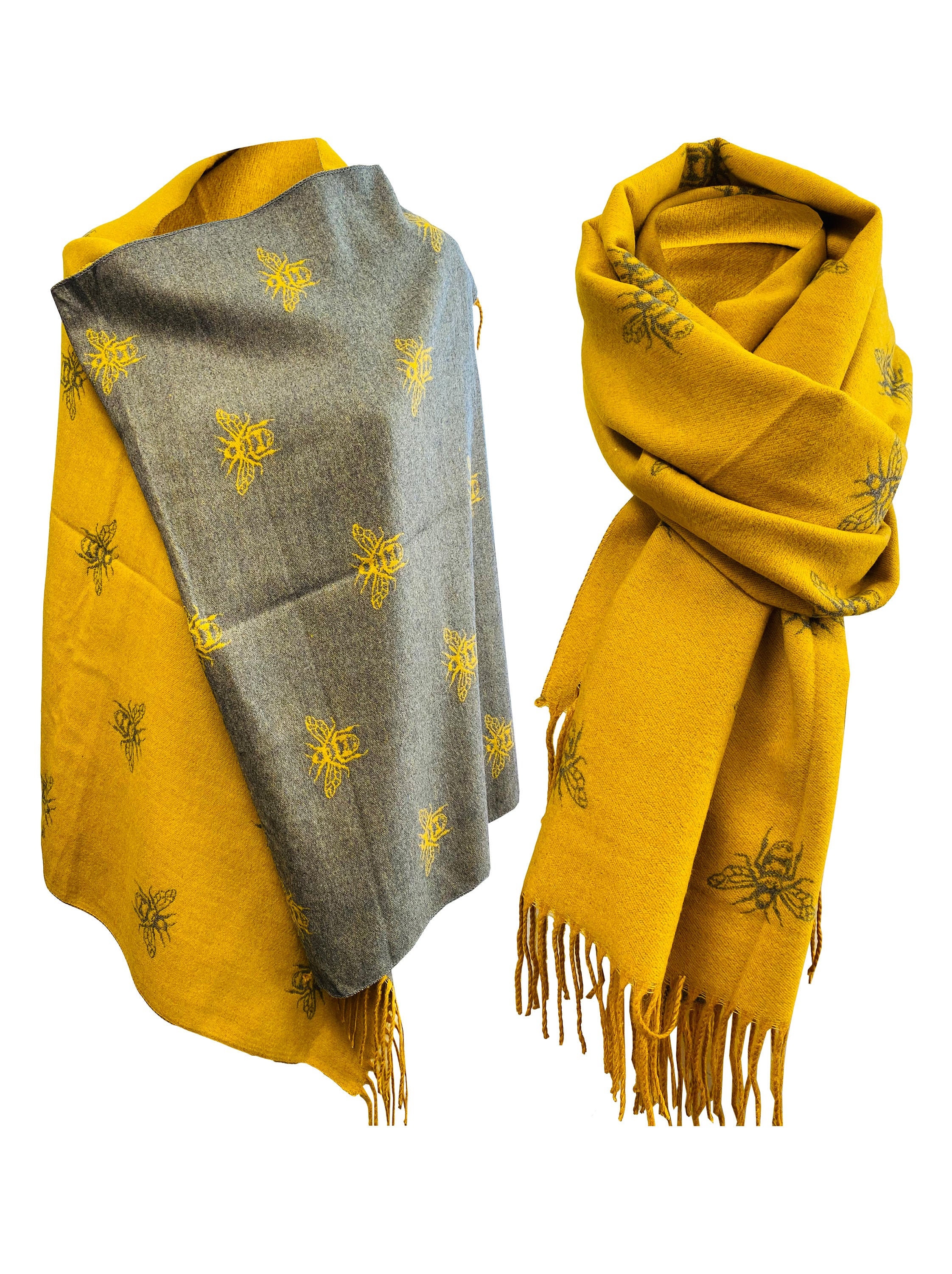 YELLOW GREY LUXURY cashmere scarf bumble bees print reversible Etsy