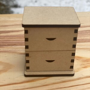 May include: A small wooden box with two drawers. The box is brown and has a black trim. The drawers have a small cutout on the front.