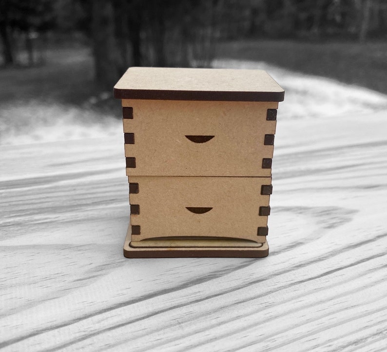 May include: A small wooden box with two drawers. The box is made of light brown wood and has a dark brown trim. The drawers have a simple design with a small cutout on the front.