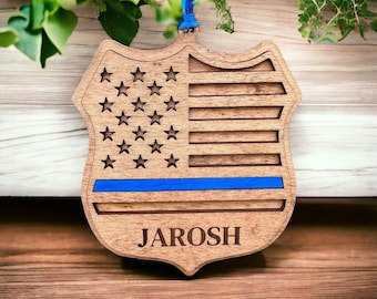 Personalized Police Shield / Thin Blue Line Christmas Ornament