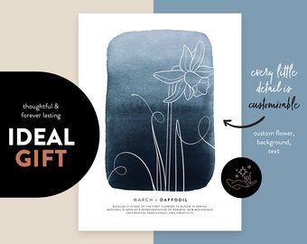 Custom birthday gift • Personalized gift for her • Customizable poster • Birth flower poster • Nursery art • Custom minimal line art poster