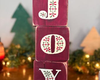 Bloques de la ALEGRÍA rústicos pintados a mano, decoración navideña