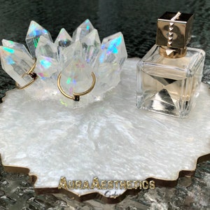 White & Gold Resin Crystal Geode Jewelry + Perfume Tray | Crystal Ring Holder | Vanity Tray |