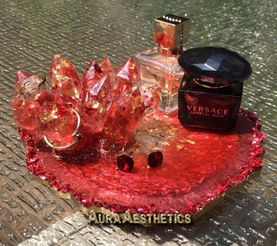 Beautiful Resin Red & Gold Jewelry/perfume Bling Tray 