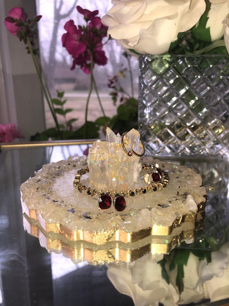 Pearl White and Gold Geode Jewelry Tray With Crystals Etsy