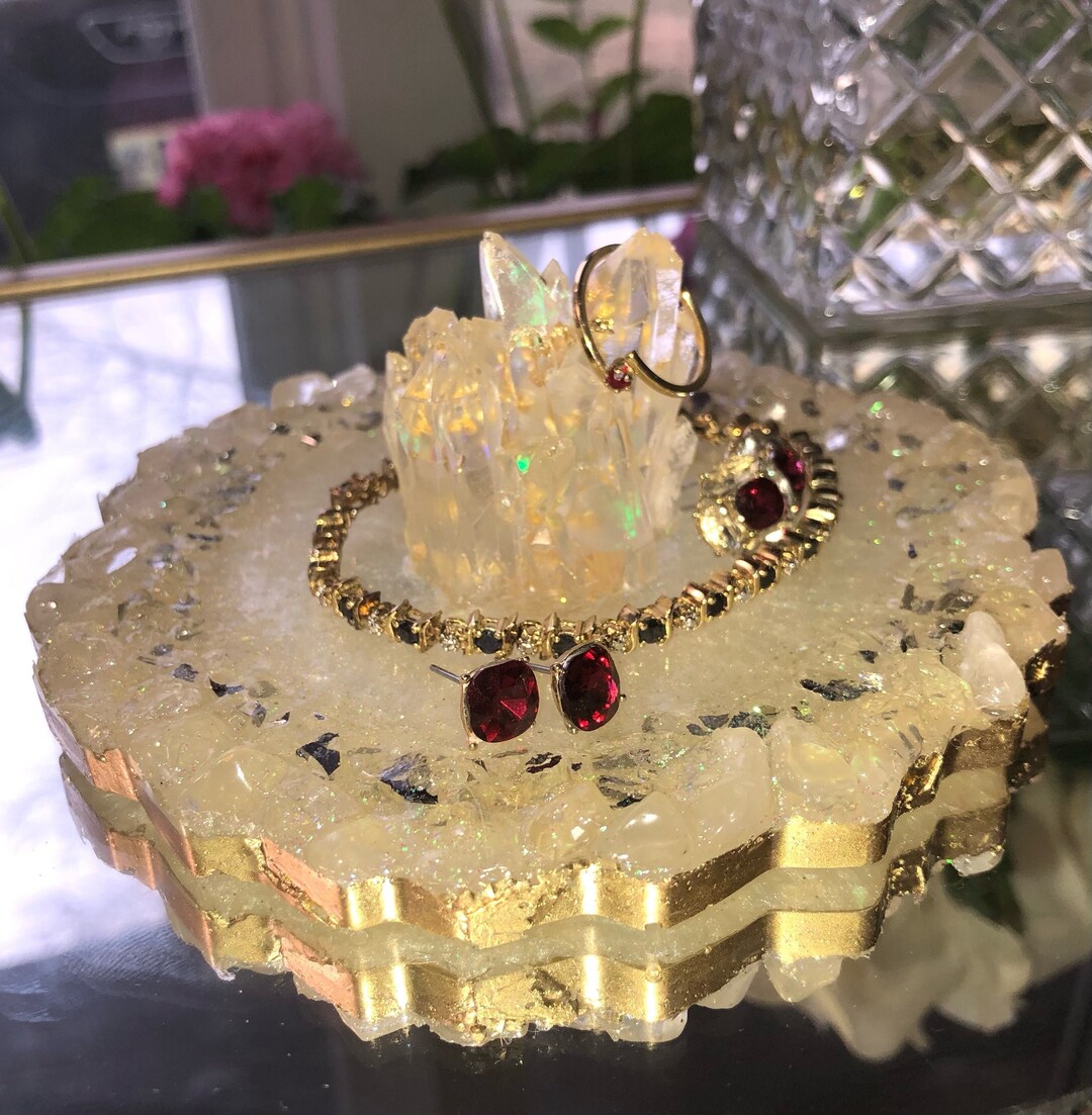 Pearl White and Gold Geode Jewelry Tray With Crystals Etsy