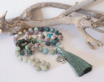 RAW CRYSTAL NECKLACE, Large Boho Necklace, Aesthetic Stones Mala Original Necklace, Comfort Color Healing Stones Necklace Gift for Her