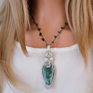 Malachite Chrysocolla Necklace, Healing Crystal Jewelry, Natural Pendant, Personalized Gift for Her, Bohemian Style