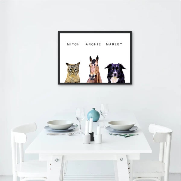 Portrait trio de vos animaux sur commande,Portrait d'après photo,Portrait chat,Portrait chien, Pet Portrait