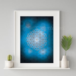 Flower of life poster, printable poster, digital file, sacred geometry wall art,  blue poster, geometric pattern, wall art for print