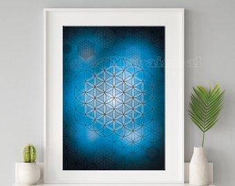 Flower of life poster, printable poster, digital file, sacred geometry wall art,  blue poster, geometric pattern, wall art for print
