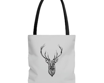 May include: A grey tote bag with black handles features a black and white illustration of a deer head with antlers.