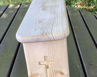 Folding meditation/prayer stool with Christian cross carving on both legs