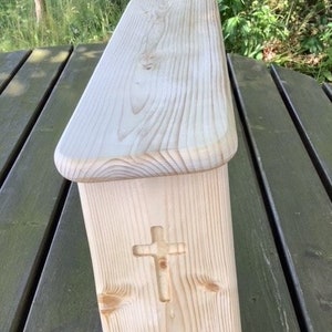 Folding meditation/prayer stool with Christian cross carving on both legs