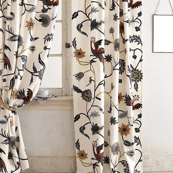 Free Shipping/ Hand-Embroidered Window-Door Curtains- Cotton- Linen/ Multi-color "Blue Cockatoos" Curtain