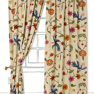 Free Shipping/ Hand-Embroidered Window-Door Curtains- Cotton- Linen/ Multi-color "Blue Cockatoos" Curtain