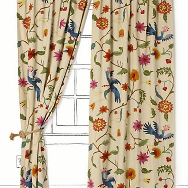 Free Shipping/ Hand-Embroidered Window-Door Curtains- Cotton- Linen/ Multi-color "Blue Cockatoos" Curtain