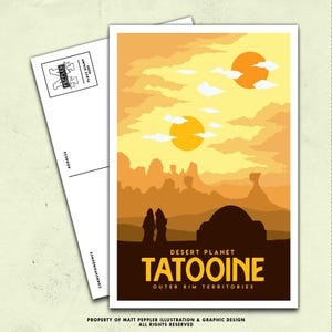 Postal de viaje de Tatooine / Arte desértico de los Soles Gemelos inspirado en Star Wars / Recuerdo vintage de galaxia de ciencia ficción / Impresión retro de vacaciones en Tatooine