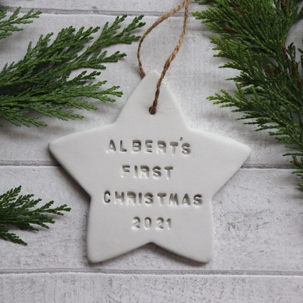 Personalised Baby's First Christmas Star Clay Decoration, Baby's 1st Christmas Keepsake, Bump's first Xmas Tree Ornament