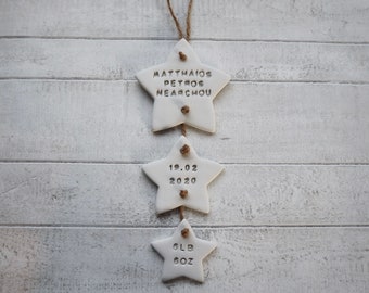 Personalised Nursery Decoration, Baby's Birth Details Hanging Ornament, New Baby Gift Keepsake, Clay Star Decor for Children's bedroom