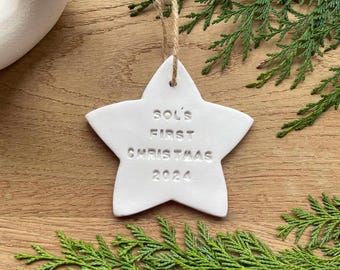 Personalised Baby's First Christmas Star Clay Decoration, Baby's 1st Christmas Keepsake, Bump's first Xmas Tree Ornament, New Baby Gift