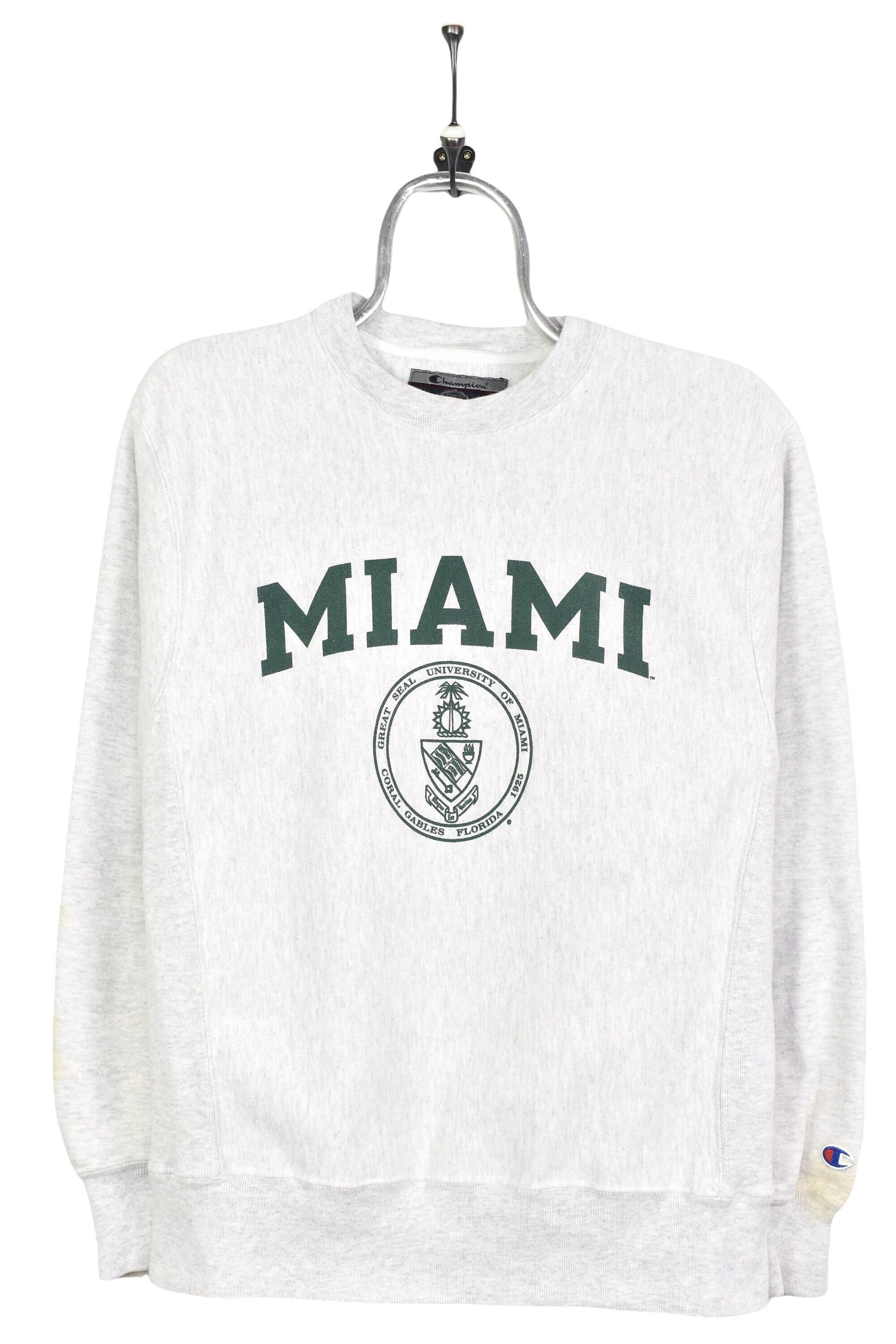 Vintage University of Miami Sweatshirt, 90s USA American College Apparel Long Sleeve Graphic Crewneck Sweater - Medium, Grey