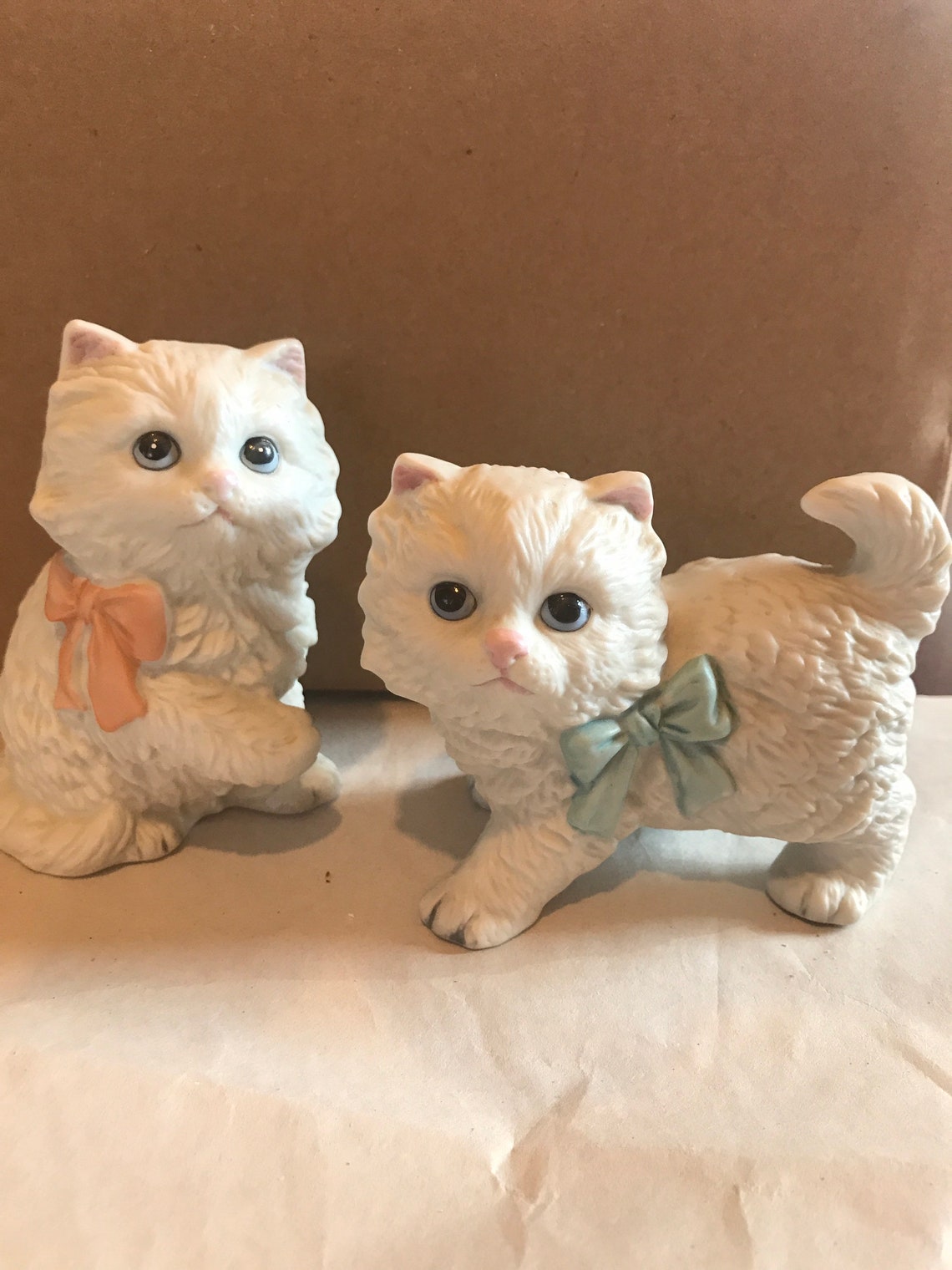 Vintage Homco white cat figurines fluffy kittens pink and blue Etsy