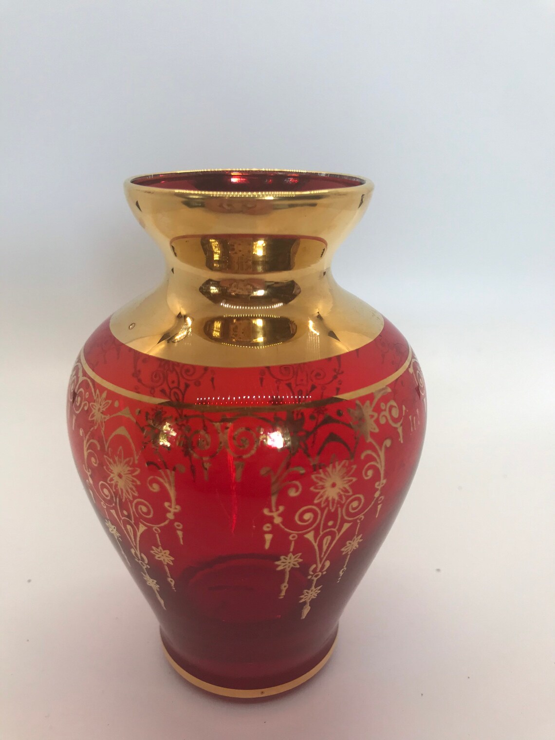 Vintage red art glass vase gold trim scrolls flowers Etsy