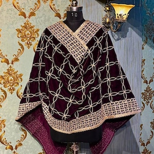 Luxe soft wine velvet shawl scarf wrap, bridal cape, embroidered wine velvet scarf, party & wedding wear, gift for her.
