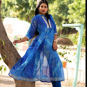 Bandhni full length dress with mirror work on neck line nd sleeves