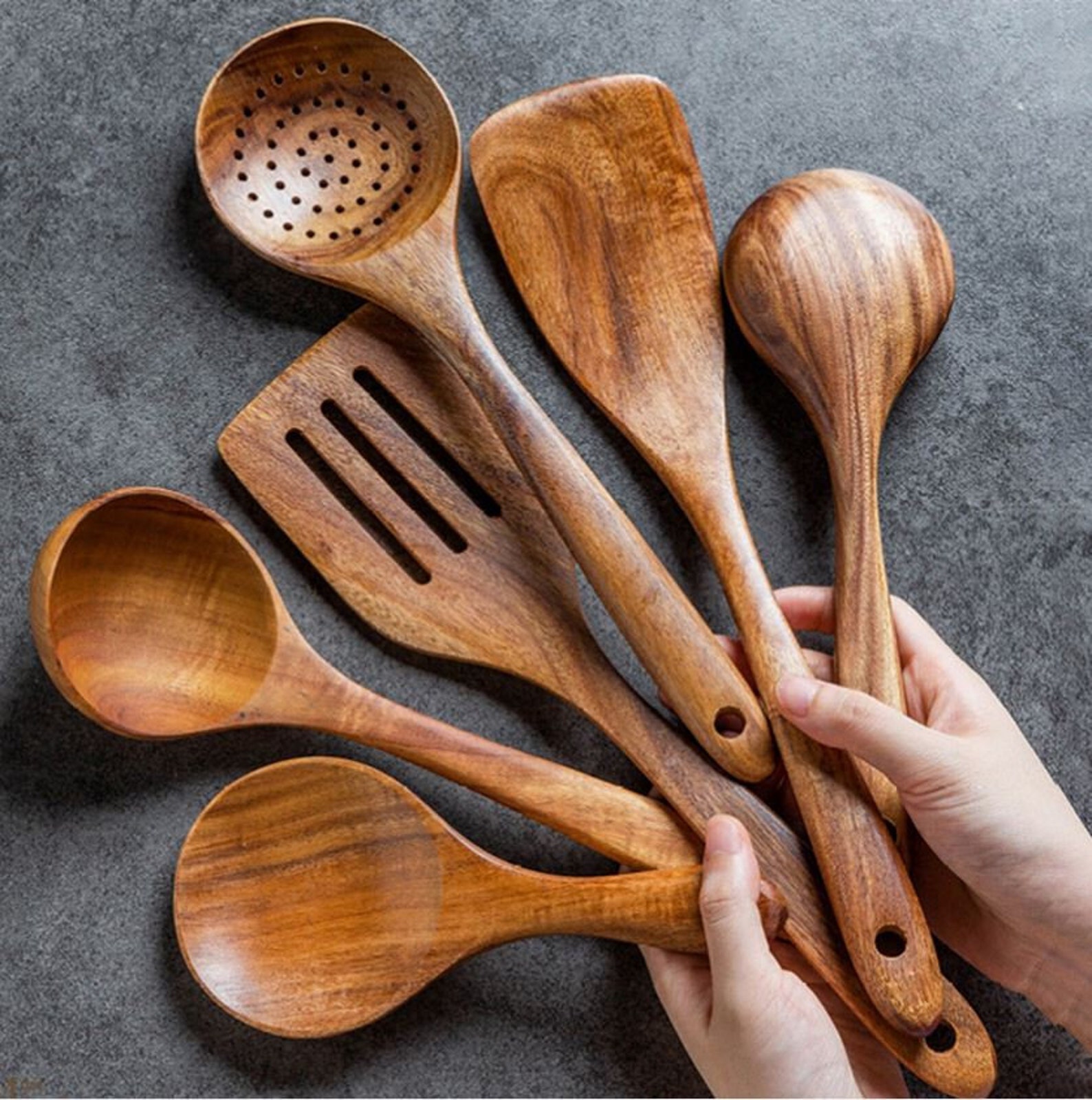 Traditional 7 Pieces Wooden Utensil Set Nonstick Cooking Etsy