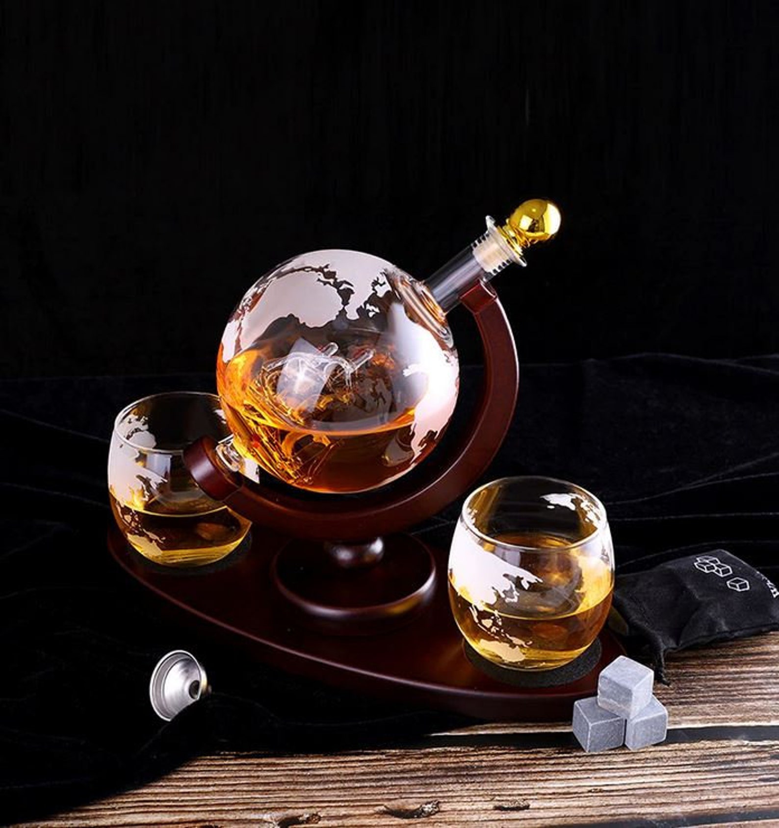 Whiskey Decanter Globe Set With 2 Etched Globe Whisky Glasses Etsy UK