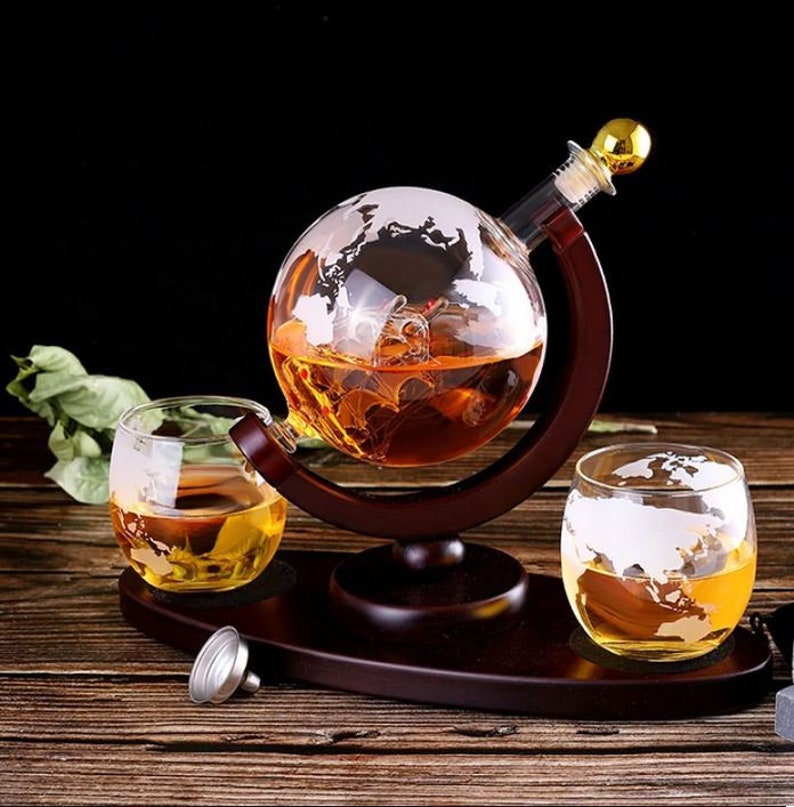 Whiskey Decanter Globe Set With 2 Etched Globe Whisky Glasses Etsy