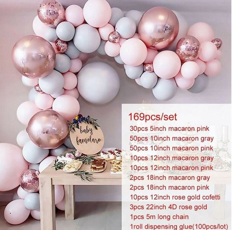 169PCS Macaron grey pink Balloons Garland Arch Kit for Baby Shower Birthday Wedding Party Decorations Anniversary